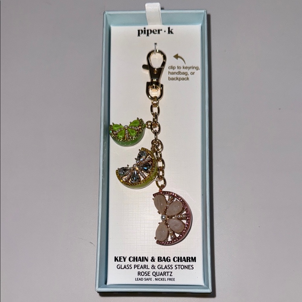 NIB piper k glass pearl & glass stones, rose quartz, Citrus keychain & bag charm